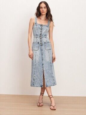 Habitual Acid Washed Denim Midi Dress Size XS Blue Button Front EUC